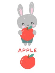 Cute rabbit with apple on white background vector illustration Fruit Names for Children, Toddlers