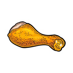 Fried chicken leg. Vintage color engraving illustration