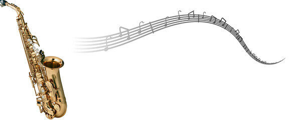 Saxophone with musical notes on white background with copy space. Image for music store, music...