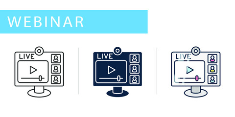 online broadcast webinar, icons set