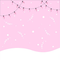 Vector new year card with cartoon garlands and falling snow on a pink background.