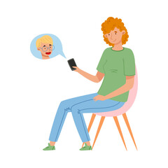 Teenager Girl in Casual Wear Sitting on Chair and Messaging with Smartphone Vector Illustration