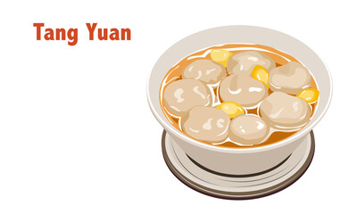 Isolated glutinous rice balls or tang yuan with ginko biloba, a Chinese dessert in different colors with white background and text, hand drawing realistic vector illustration. 