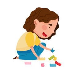 Cute Girl Sitting on Floor in Playroom and Playing with Construction Toy Vector Illustration