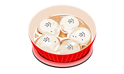 set of glutinous rice balls or tang yuan with sesame, a Chinese dessert in different colors with white background and text, hand drawing realistic vector illustration. 