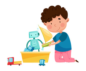 Cute Boy Sitting on the Floor and Playing with Different Toys in Playroom Vector Illustration