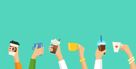 Human hands holding cups with coffee and tea.  Background with copy space Vector illustration. 