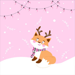 Vector Christmas picture card Christmas garlands and cartoon fox with antlers on a pink background.