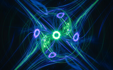 Abstract illustration of a fantastic clot of energy in the form of a bright green star with waves of green plasma around, curling in a spiral on a black background for web design, computer graphics