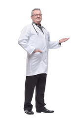 Portrait of caucasian male doctor wear white medical uniform, stethoscope and glasses look at camera