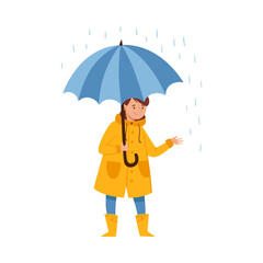 Standing Under Umbrella Female Character in Rainy Day Vector Illustration