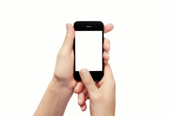 Hands with phone on white background with copy space