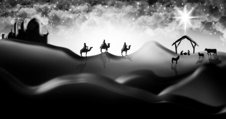 Fototapeta na wymiar Christmas Nativity Scene Of Three Wise Men Magi Going To Meet Baby Jesus in the Manger with the City of Bethlehem in the distance 3D Illustration