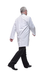Back view walking doctor in a robe hurrying to help the patient