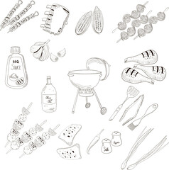 Vector set of barbecue and grill elements. Hand drawn doodle illustration.