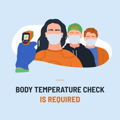 People standing in line to check body temperature and hand holding thermal scanner. Fever scanning banner or sticker for entry door in public places. Vector illustration concept of staff checkup