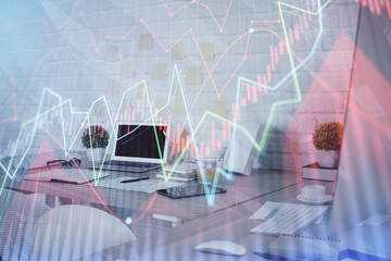 Multi exposure of stock market chart drawing and office interior background. Concept of financial analysis.