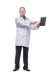 Smiling happy mature doctor showing empty clipboard to write it on your personal advice