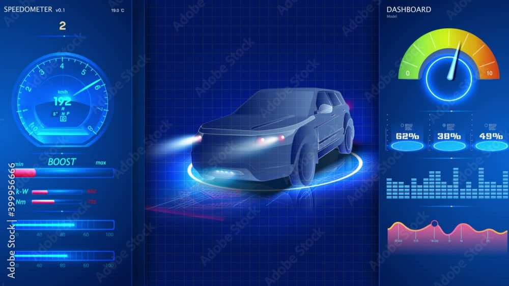 Poster hologram auto in hud ui style. futuristic car service, scanning and auto data analysis. virtual car 