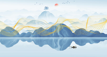 Abstract golden line Chinese style blue landscape art background illustration