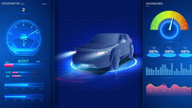 Hologram Auto in HUD UI style. Futuristic car service, scanning and auto data analysis. Virtual car dashboard concept. Futuristic auto in style low poly, wireframe in line. diagnostics in the HUD, GUI - Powered by Adobe