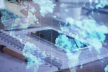 Double exposure of financial theme drawing and cell phone background. Concept of business