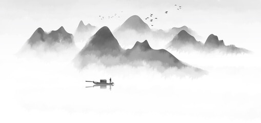 Fototapeta na wymiar Background of ink landscape illustration of Guochao fishing boat