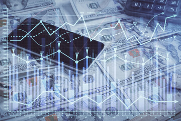 Double exposure of forex graph drawing over us dollars bill background. Concept of financial markets.