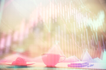 Double exposure of forex chart over coffee cup background in office. Concept of financial analysis and success.