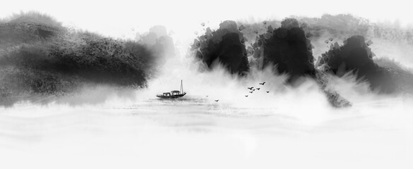 Background of ink landscape illustration of Guochao fishing boat