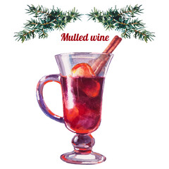 Watercolor illustration with glass of mulled wine, isolated on white background   