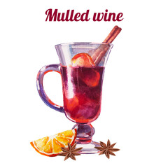 Watercolor illustration with glass of mulled wine, isolated on white background   