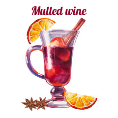 Watercolor illustration with glass of mulled wine, isolated on white background   