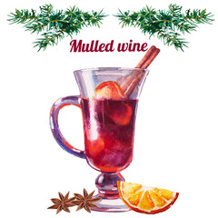 Watercolor illustration with glass of mulled wine, isolated on white background   