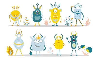 Fotobehang Set of vector cartoon monsters. Vector illustration © Юлия Мурт