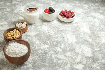 side close view of sweet add-ons on marble background with free place for your text