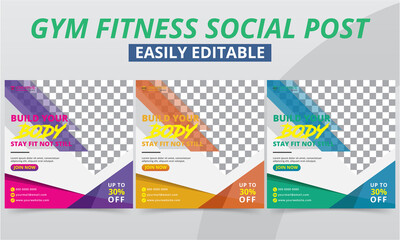 Premium Fitness Gym Social Media Post for Workout Club & Studio Promo. Best Geometric Sports & Bodybuilding Social Media Layout and Header Template & Square Advertising Web Banner Design Set.