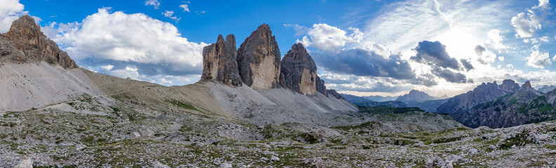 Tre Cime di Lavaredo rocks big panorama at sunset