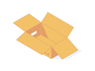 Open cardboard isometric box for warehouse and delivery concept.