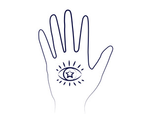 Hand and third eye on a white background. Sketch. Vector illustration.