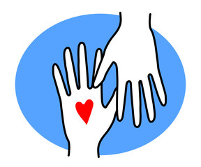 Hands of people and a red heart on a blue background. Cartoon. Vector illustration.