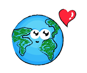 Planet earth and heart on a white background. Cartoon. Vector illustration.