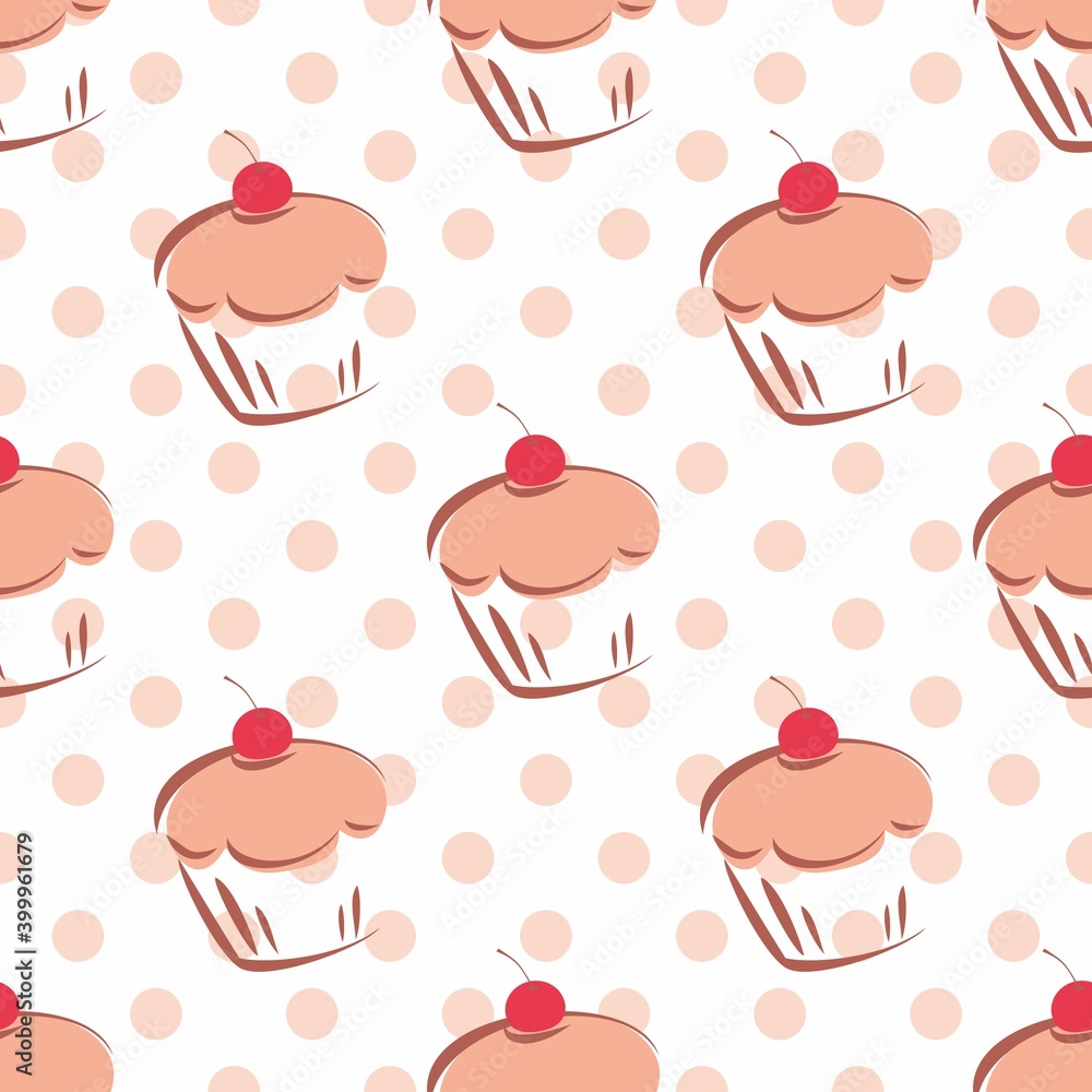 Poster tile vector pattern with cupcakes and pink polka dots on white background