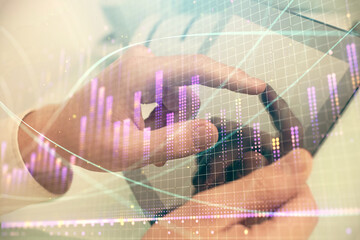 Multi exposure of man's hands holding and using a phone and financial chart drawing. Market analysis concept.