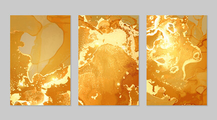 Set of gold and orange posters with geode. Marble abstract pattern. Alcohol ink technique stone texture. Vector background. Modern paint with glitter. Banner, poster design template.