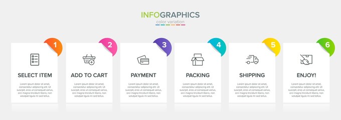 Concept of shopping process with 6 successive steps. Six colorful graphic elements. Timeline design for brochure, presentation, web site. Infographic design layout.