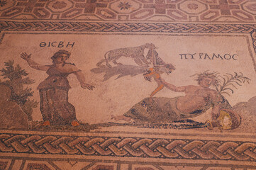 Obraz premium Greek art mosaics on the floor, ruins in Paphos. Cyprus 2017