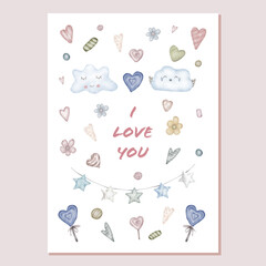 Valentines Card With Hearts, Sweets And Stars

