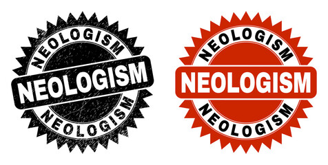 Black rosette NEOLOGISM watermark. Flat vector grunge watermark with NEOLOGISM phrase inside sharp rosette, and original clean source. Watermark with unclean surface.