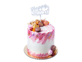 Fruity sweet decorative cake with marshmallows, with an inscription Happy Birthfay. On a white isolated background.